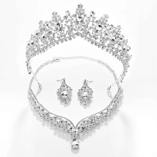 Vista 4 de SWEETV Corona de boda para novia, paquete de 3 aretes de tiara, juego de joyas para novia, fiesta de disfraces de cristal, cumpleaños, graduación