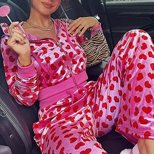 Vista 2 de Sudaderas cortas de terciopelo Y2K con estampado de corazón rosa para mujer, de manga larga, kawaii, lindas prendas de otoño e invierno, Rosado