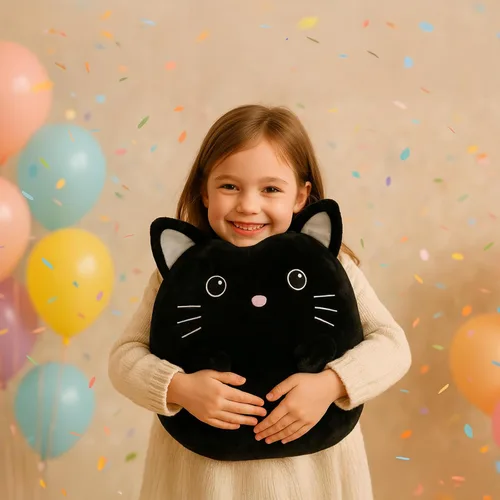 Vista 2 de WEIGEDU Gatito negro de peluche con ojos bordados para niño y niña, decoración de Halloween, cojín de almohada, sofá, regalos de inauguración