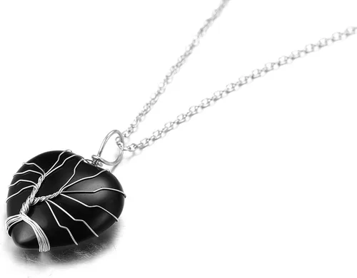 Vista 3 de Halukakah Collar de piedra lunar LUNARLOVE Hecho a mano chapado en platino con alambre de árbol de la vida, colgante de cristal natural