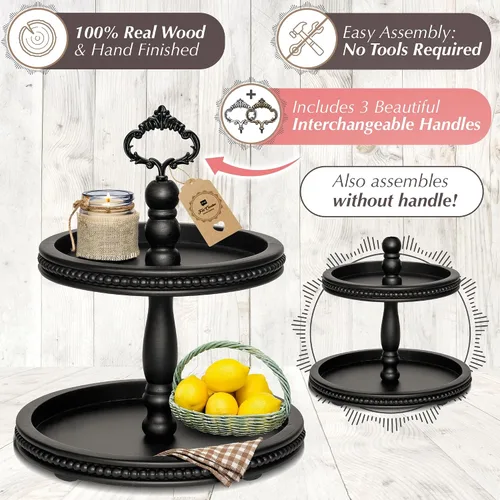 Vista 6 de Bandeja de madera de 2 niveles con soporte de servicio por Felt Creative Home Goods. Bandeja pequeña con detalle de cuentas para decoración