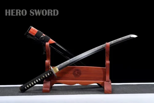 Vista 4 de Wakizashi - Espada samurái de acero templado plegado, auténtica, japonesa pura, manual, avanzada, piel de rayos, color rojo y negro, 31 pulgadas