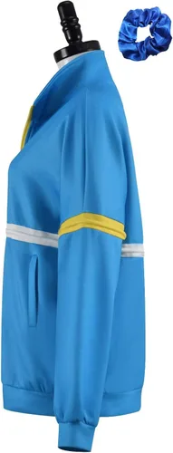 Vista 3 de Gionli Disfraz de Stranger Max para adultos, chaqueta de Halloween, uniforme escolar, sudadera con coletero, Azul