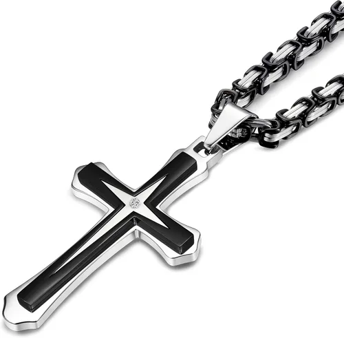 Vista 3 de LOLIAS - Collar de cruz de acero inoxidable para hombre de 5MM, cadena bizantina, 22-30 pulgadas 56-76 cm