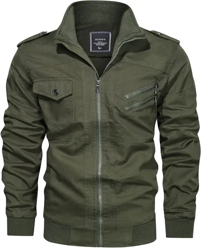 Vista 2 de HIJEWE Men Military Jacket Casual Cotton Utility Coat Spring Falls Durable Army Cargo Bomber Stand Collar Multi-Pocket Jacket