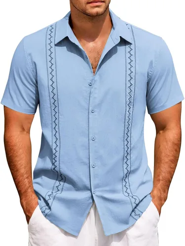 Vista 6 de Camisas de manga corta para hombre, estilo cubano, casual, con botones, para verano, para bolos, holgadas, hawaianas, para vacaciones en la playa