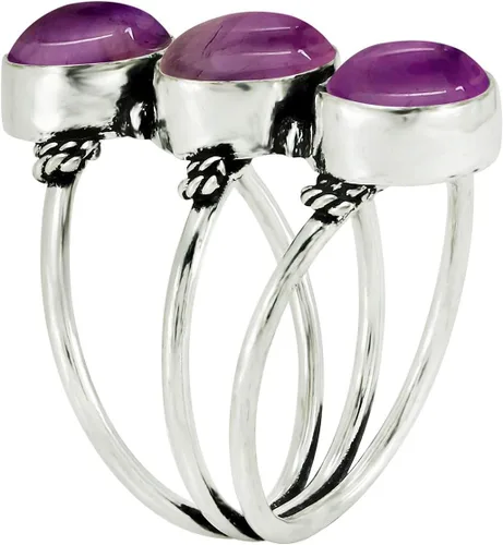 Vista 3 de Anillo chapado en plata de tres piedras preciosas de forma ovalada natural Amatista