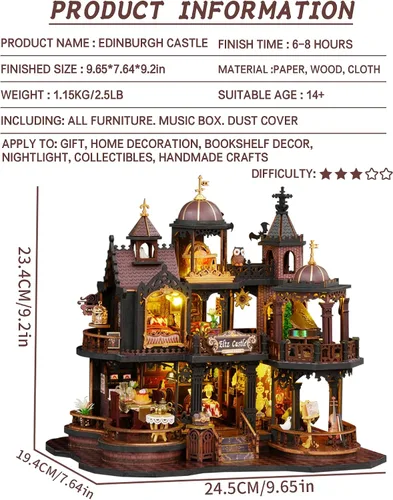Vista 2 de Spilay Kit de Casa en Miniatura DIY, Casa de Muñecas Castillo de Edimburgo con Caja de Música y Cubierta Antipolvo, Kit de Rompecabezas de Madera 3D