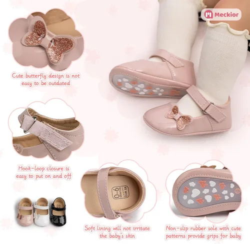 Vista 5 de Meckior Zapatos deportivos para bebé y niñas, suela suave, con lazo, princesa, vestido de boda, Mary Jane, planos, para recién nacidos, ligeros