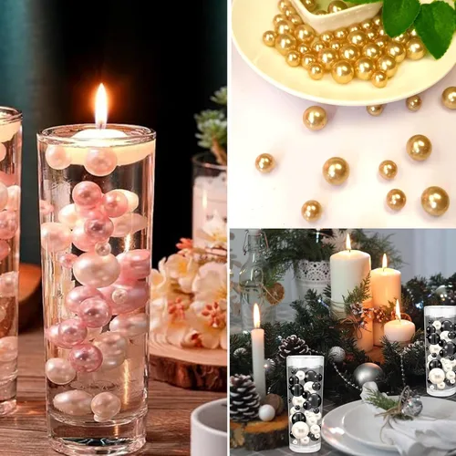 Vista 7 de 120 piezas de perlas flotantes sin agujero para jarrones, perlas negras flotantes para jarrones, rellenos de perlas flotantes, velas artificiales