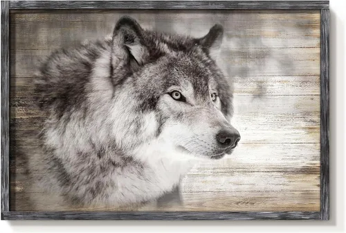Vista 7 de Arte de Pared Enmarcado de Lobo: Pintura Moderna de Animales Salvajes de Madera Rústica Natural Imagen de Vida Silvestre Obra de Arte de Lobo Gris