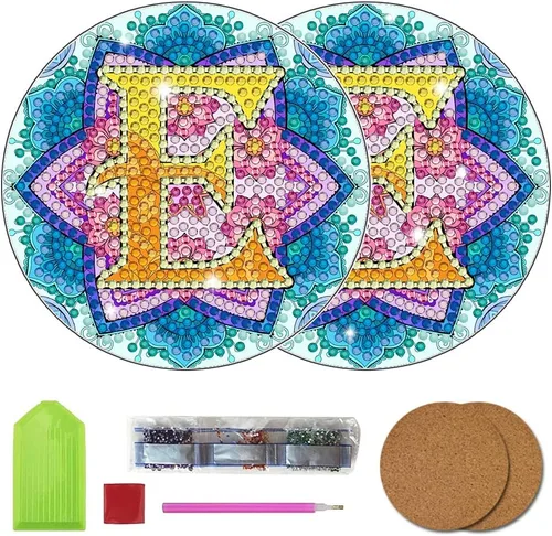 Vista 30 de Bysincy Juego de 2 posavasos de pintura de diamantes de 26 letras A-Z, 5D, arte de diamante, mosaico, alfabeto, kit por número para adultos y niños