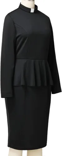 Vista 8 de FAD-4U Vestido del clero de la iglesia para mujer, Ministra de manga larga con volantes, vestido de lápiz delgado con lengüeta y cuello alto