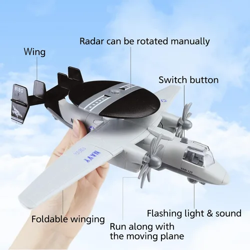 Vista 2 de CORPER TOYS Avión fundido a presión, modelo de avión de juguete de advertencia temprana con sonido y luz azul marino Hawkeye de ataque de tracción
