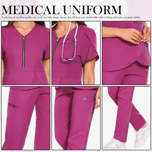 Vista 4 de VIAOLI Conjunto de ropa quirúrgica para mujer con cremallera, conjunto médico de enfermería y pantalón de enfermería, diseño moderno y sexy