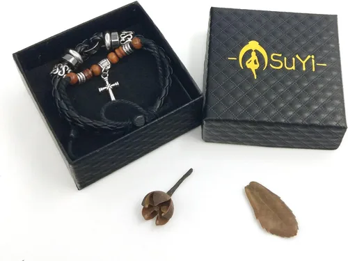 Vista 14 de Suyi brazalete ajustable con varias capas, de cuero tejido trenzado con cruz. Pulsera tipo esclava.