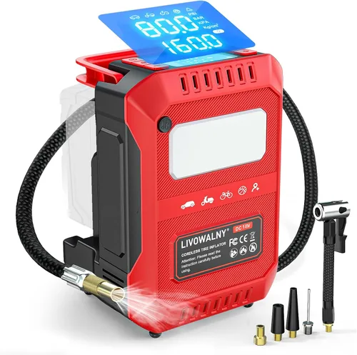 Vista 10 de LIVOWALNY Compresor de aire para inflador de neumáticos, compatible con batería Milwaukee de 18 V, bomba de aire eléctrica portátil inalámbrica