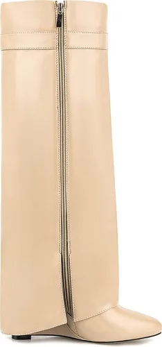 Vista 2 de Botas plegables puntiagudas con tacón de cuña para mujer, botas hasta la rodilla con diseño de candado y cremallera lateral Beige
