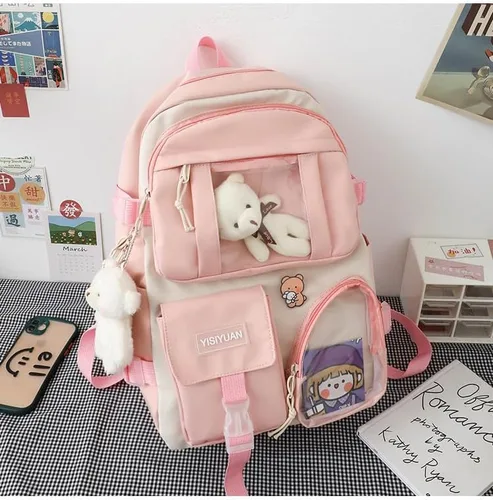 Vista 2 de HOKMAH Mochila Kawaii con pin Kawaii y accesorios, linda bolsa Y2K Ita Bag Daypack Itabag bolsa de uso diario bolsa de hombro, rosa con colgante