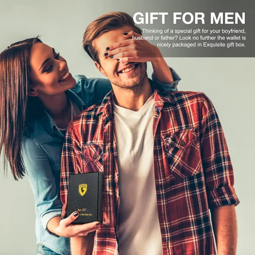 Vista 6 de GSOIAX Billetera delgada para hombre minimalista de cuero genuino fibra de carbono con bloqueo RFID de cuero vacuno plegable con caja de regalo