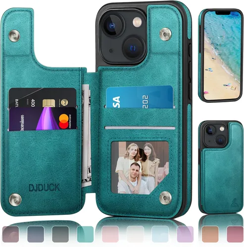 Vista 10 de DJDUCK Funda diseñada para iPhone 13 con tarjetero y cierre magnético, protección de cuero con bloqueo RFID, a prueba de golpes, para mujeres