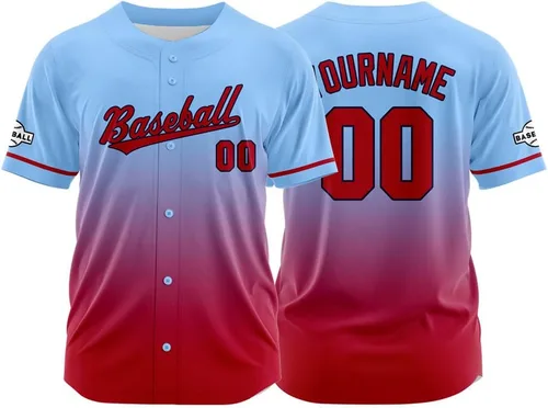 Vista 34 de Camiseta de béisbol con degradado personalizado, nombre, número y logotipo personalizados para hombres, mujeres y niños