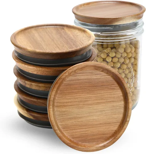 Vista 9 de Paquete de 6 tapas para frascos Mason de boca regular, tapas reutilizables para enlatado, tapas para frascos Mason de madera de acacia con sello