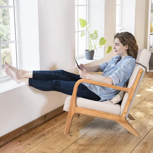 Vista 8 de Silla de sala de estar moderna de mediados de siglo con reposacabezas extensible, sofá individual, silla con marco de madera, silla de lectura