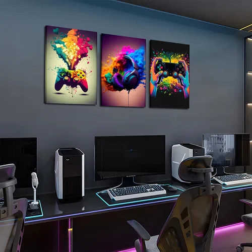 Vista 6 de Juego de Arte de Pared para Decoración de Sala de Juegos de 3 Piezas - Decoración de Pared de Control de Videojuegos para Gamers, Póster de Lienzo