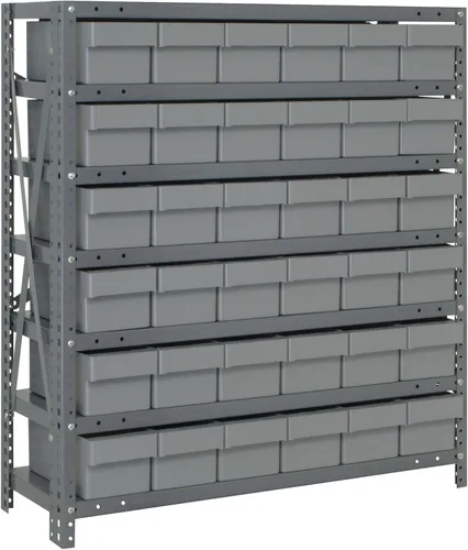 Vista 377 de Quantum QSBU-245BK Heavy Duty Shelving Unit with (7) Shelves and (24) QUS245 Black Bins for Garage Warehouse Storage Distribution 400 lb Load