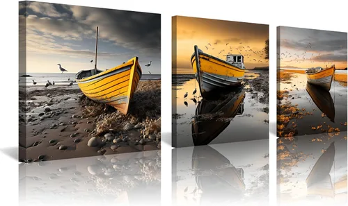 Vista 21 de Arte de pared costero de playa, arte en lienzo de barco azul, imágenes de gaviota, paisaje marino, impresiones de pintura de paisajes marinos, obras