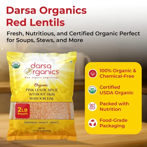 Vista 3 de Darsa Organics Lentejas rojas divididas (Masoor Dal) 2 libras USDA Orgánico, sin OMG, veganas, kosher Ricas en proteínas y fibra Ideal