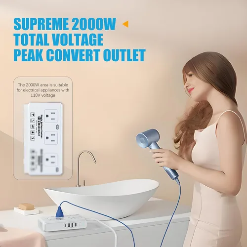 Vista 2 de Convertidor de voltaje de viaje de 220 V a 110 v: Convertidor de voltaje universal internacional Transformador de enchufe de regleta de alimentación