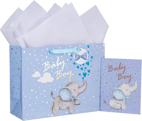 Vista 12 de Loveinside Bolsa de regalo para bebé niño con papel de seda y tarjeta de felicitación para baby shower, nuevos padres y más, diseño animal azul, 16