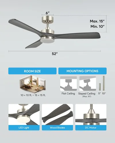 Vista 7 de VONLUCE Ventilador de techo de madera con luces de 52 pulgadas, gris