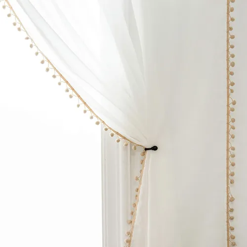 Vista 28 de MISS SELECTEX Cortinas semitransparentes con aspecto de lino y borlas de pompones - Cortinas de gasa semitransparentes con bolsillo para varilla