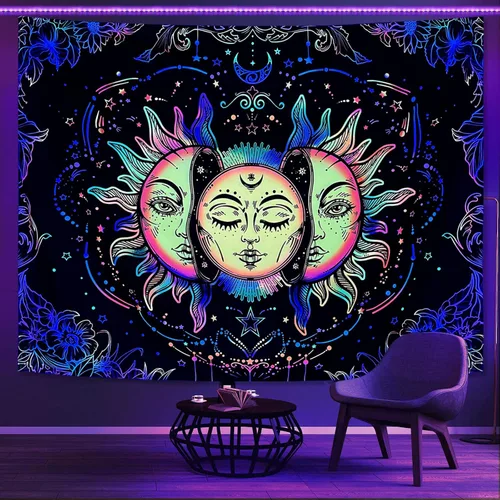 Vista 9 de Lifeella - Tapiz de sol y luna en blanco y negro, tapiz de sol ardiente, estético, místico, para colgar en la pared, decoración de dormitorio