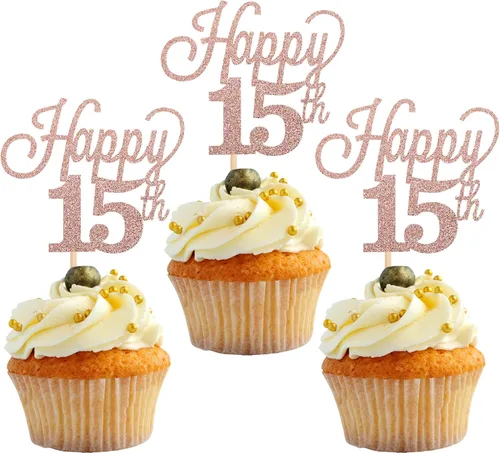 Vista 25 de Paquete de 24 adornos para cupcakes con purpurina número 15, quince cumpleaños, decoración para cumpleaños de 15 años, suministros de fiesta de Negro