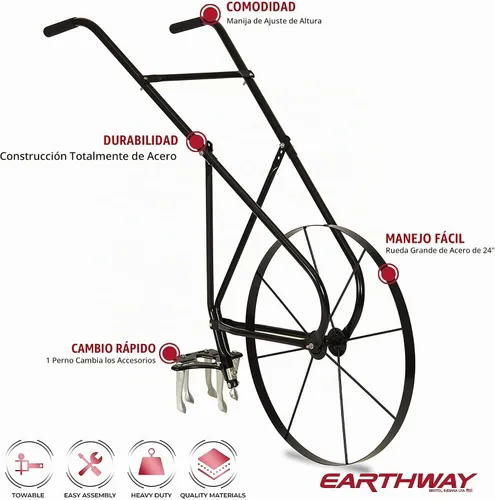 Vista 6 de EarthWay 6500 Cultivador de Rueda Alta Tubular con Mango Cómodo, Ajustable en 3 Posiciones, Implementos de Cambio Rápido y Rueda de Acero de 24