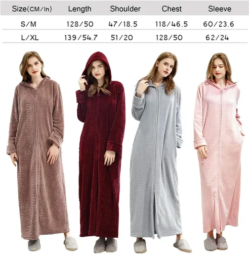 Vista 7 de Hellomamma Bata de baño larga con capucha y cremallera para mujer, bata de franela de forro polar, abrigo de invierno cálido para el hogar, camisón
