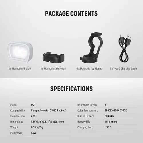 Vista 9 de NEEWER Basics Luz Auxiliar Magnética Compatible con DJI OSMO Pocket 3 Gimbal Cam Creator Combo, 1.3W USB C Recargable de Plástico Mini LED Accesorio