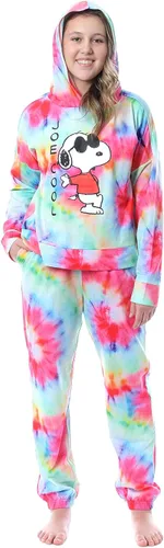 Vista 4 de INTIMO Peanuts Snoopy Joe Cool Tie Dye - Conjunto de pijama con capucha para mujer