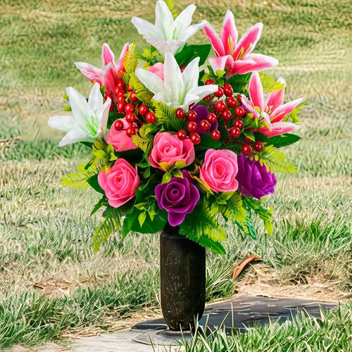 Vista 5 de XONOR Flores artificiales de cementerio con jarrón, juego de 2 ramos de lirios de rosas artificiales, flores conmemorativas para decoración