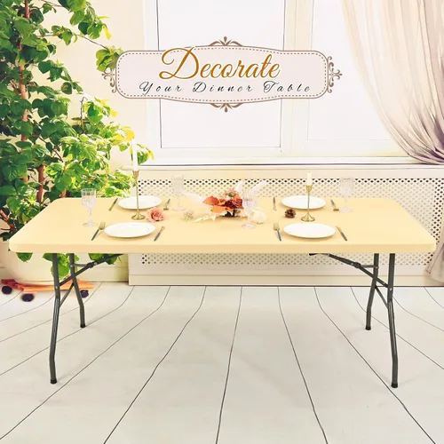 Vista 5 de Paquete de 6 fundas de tela elástica para mesa, color beige, para mesas de 8 pies, protector de mantel rectangular universal lavable y elástico