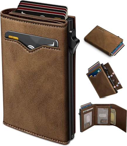 Vista 9 de Cartera miyozi para hombre, con bolsillo para efectivo, 2 ventanas para identificación, 9-13 ranuras para tarjetas, estuche metálico, elegante