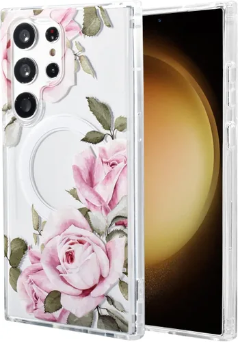 Vista 34 de Funda magnética para Samsung Galaxy S22 Ultra Flower, compatible con MagSafe, patrón floral transparente a prueba de golpes, parte trasera