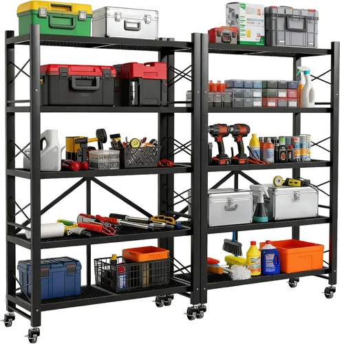 Vista 9 de Grezone Estantes plegables de 3 niveles de almacenamiento de metal resistente con ruedas – No se ensambla unidad de estantería plegable para cocina