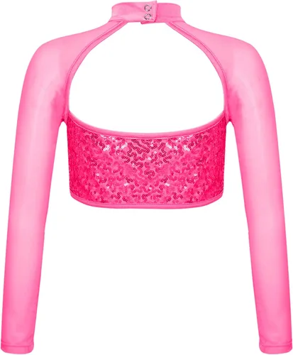 Vista 2 de YiZYiF Camiseta deportiva de manga larga con lentejuelas para niños y niñas, estilo hip hop, danza, cuello alto falso, ropa deportiva