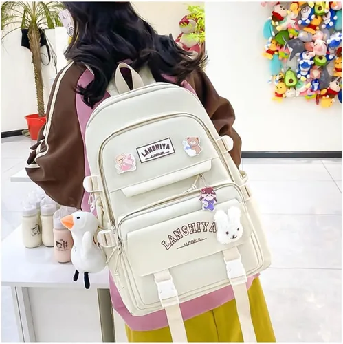 Vista 5 de Linda mochila con accesorios kawaii, juego de 5 bolsas estéticas impermeables, Blanco sucio