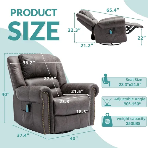 Vista 2 de MEETWARM Sillón reclinable giratorio de masaje con calor y vibración, mecedora manual mecedora, silla reclinable giratoria de 360° con control Gris